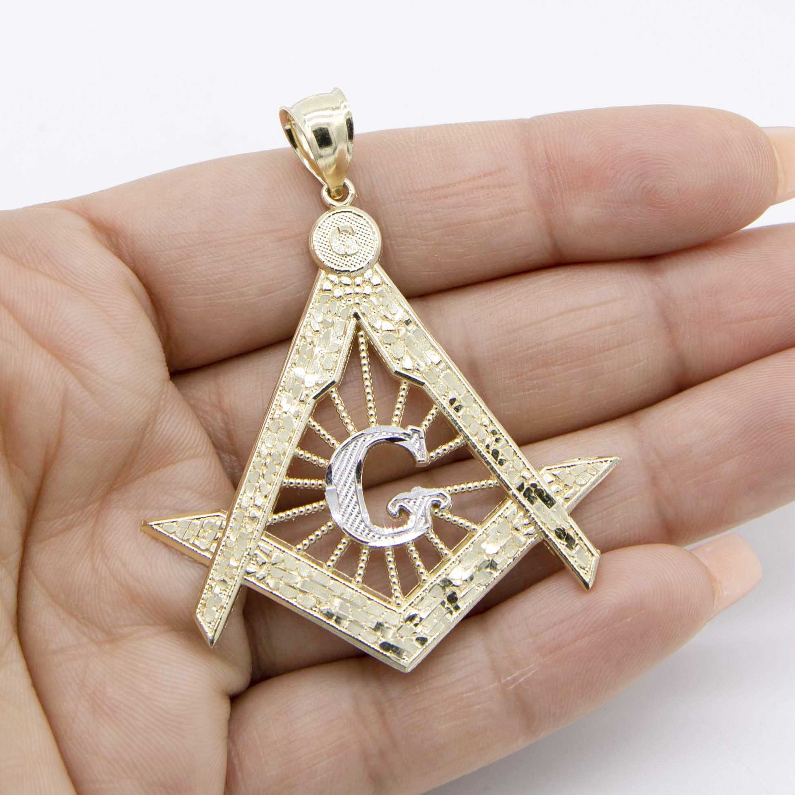 2 1/4″ The Square and Compasses Masonic Pendant 10K Yellow White Gold
