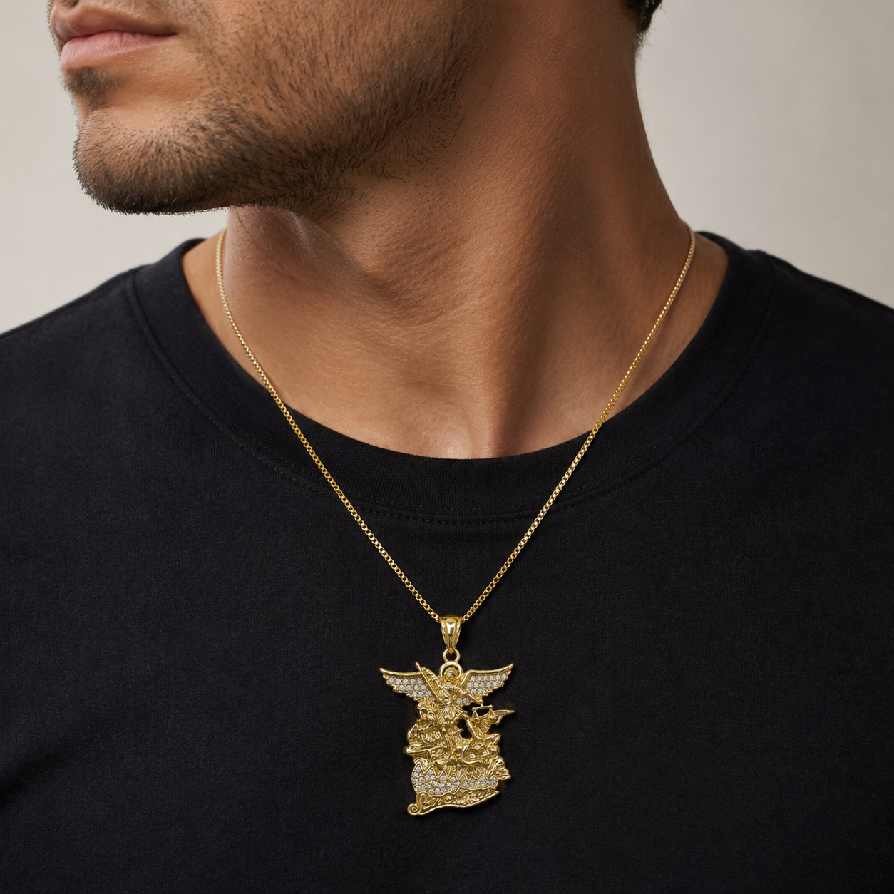 Italian 1/200 14k Yellow Gold Oro St Michael Iced CZ Pendant Necklace Cadena