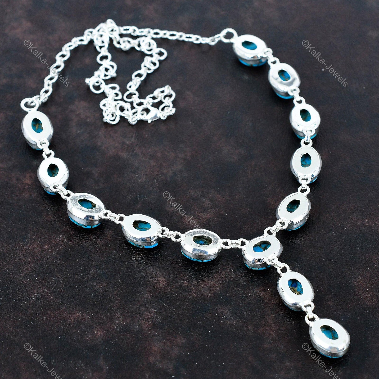 925 Silver Natural Copper Blue Turquoise Chain Birthday Wedding Necklace Jewelry