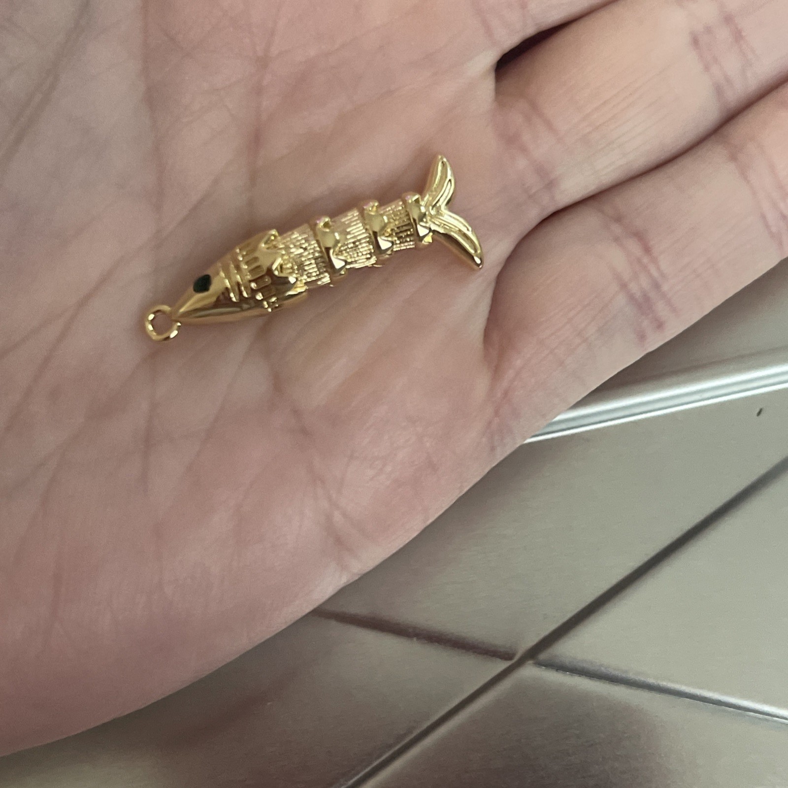 Vintage Gold Articulated Moving Fish Charm Green Zircon Pave Gemstone 3cm