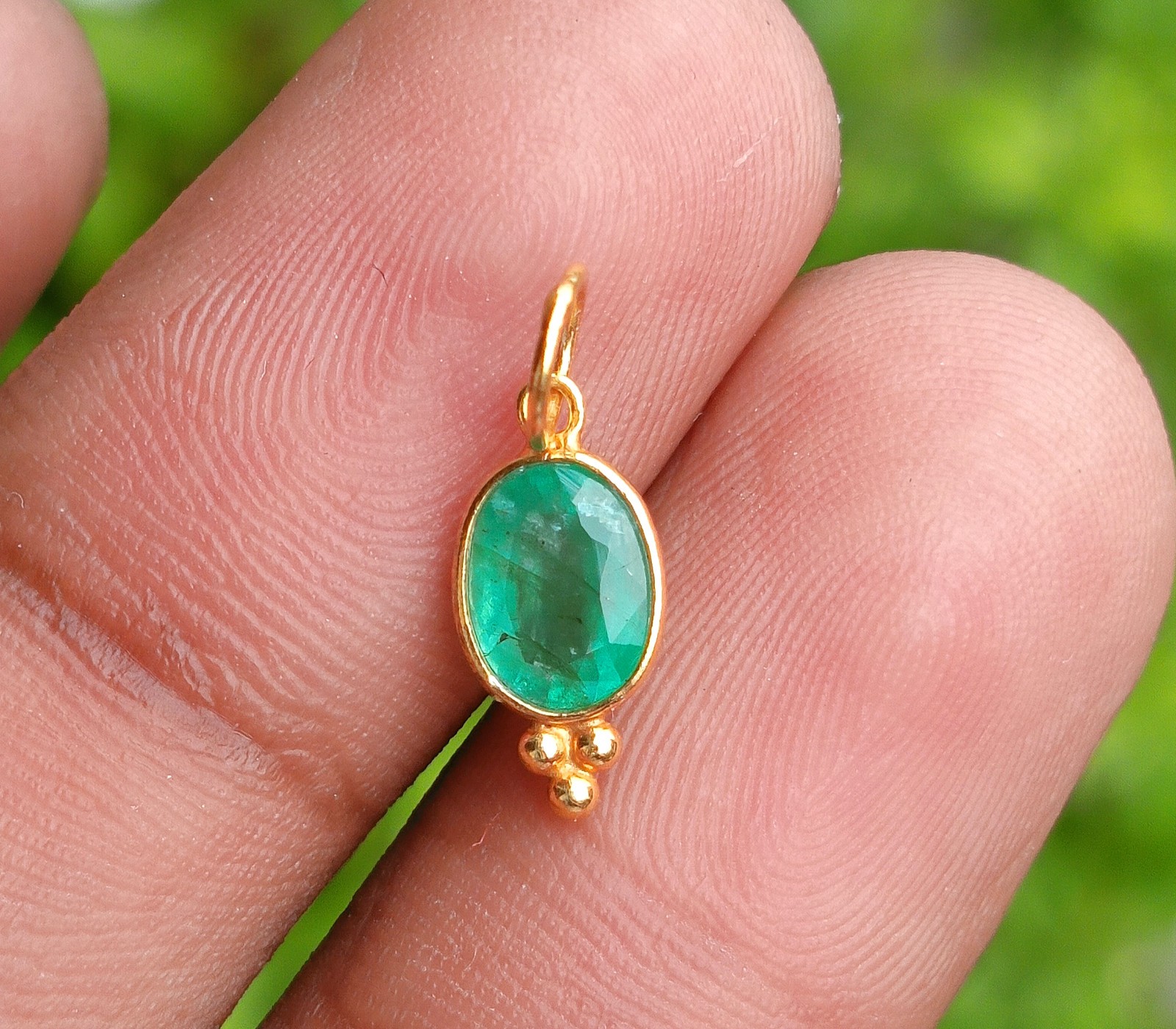 Natural Emerald Gold charm necklace ,18k Yellow Gold Charm, Handmade Jewelry