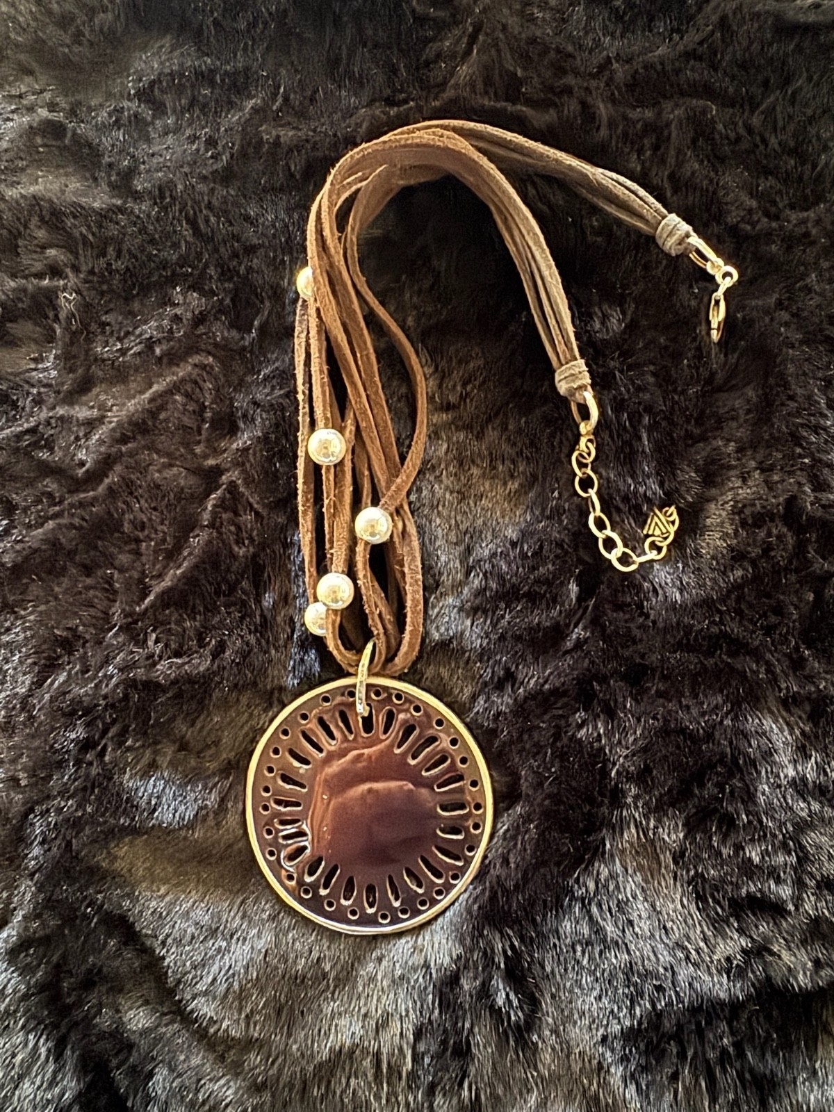 Retired Silpada Sterling .925 Pen Shell 5 Stand Brown Leather Necklace N1433