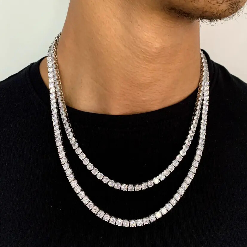 5mm Iced Cubic Zirconia Tennis Necklace White Gold Plated Hip Hop Rapper Chain