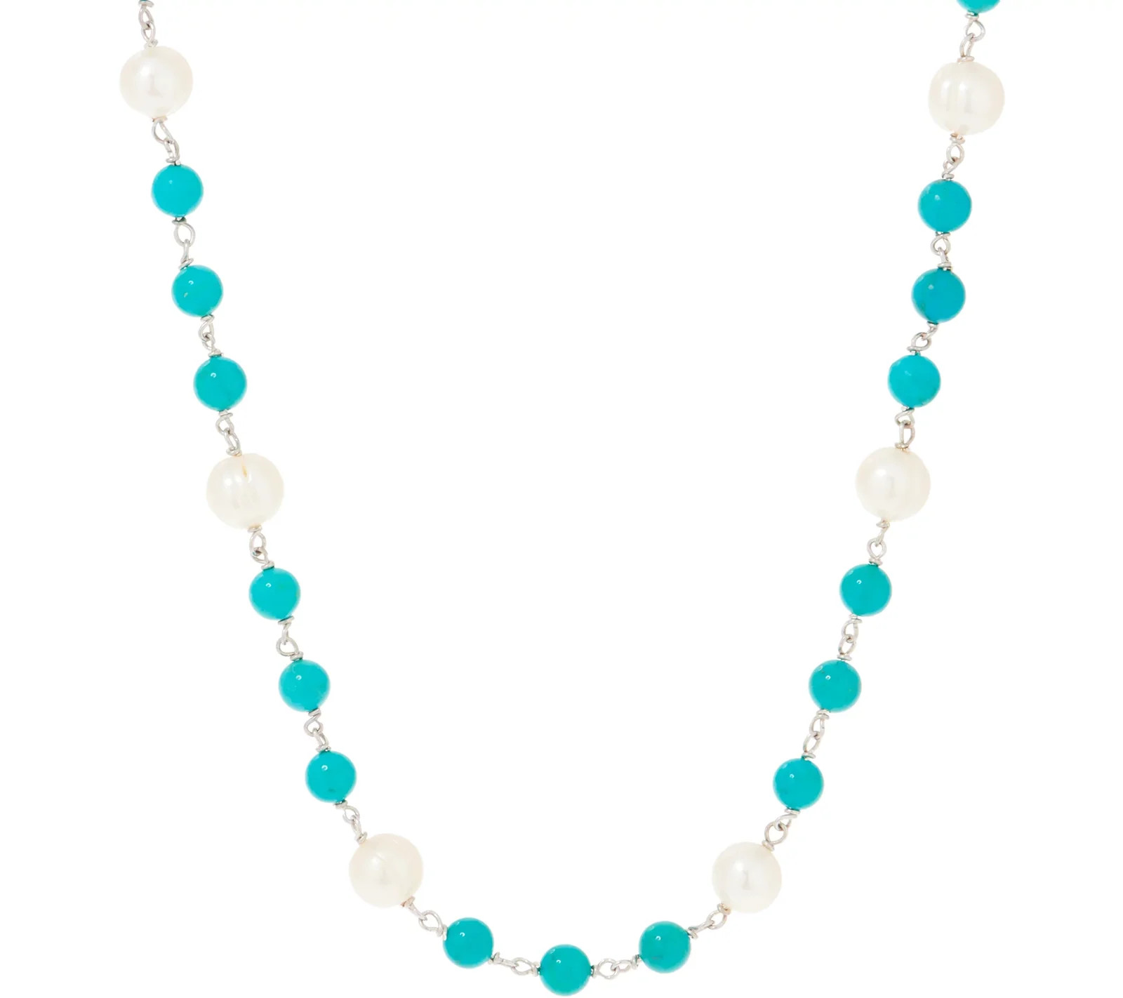 Honora Cultured Pearl & Turquoise Gemstone Bead 36″ Sterling Silver Necklace
