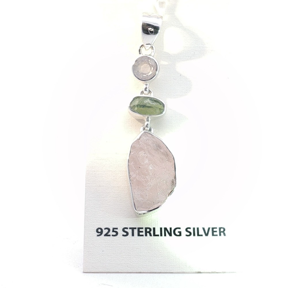 925 Sterling Silver Rose Quartz & Green Peridot Dangle Pendant