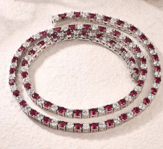 10Ct Round Cut Lab-Created Ruby Single Row Tennis Necklace 925 Sterling Silver