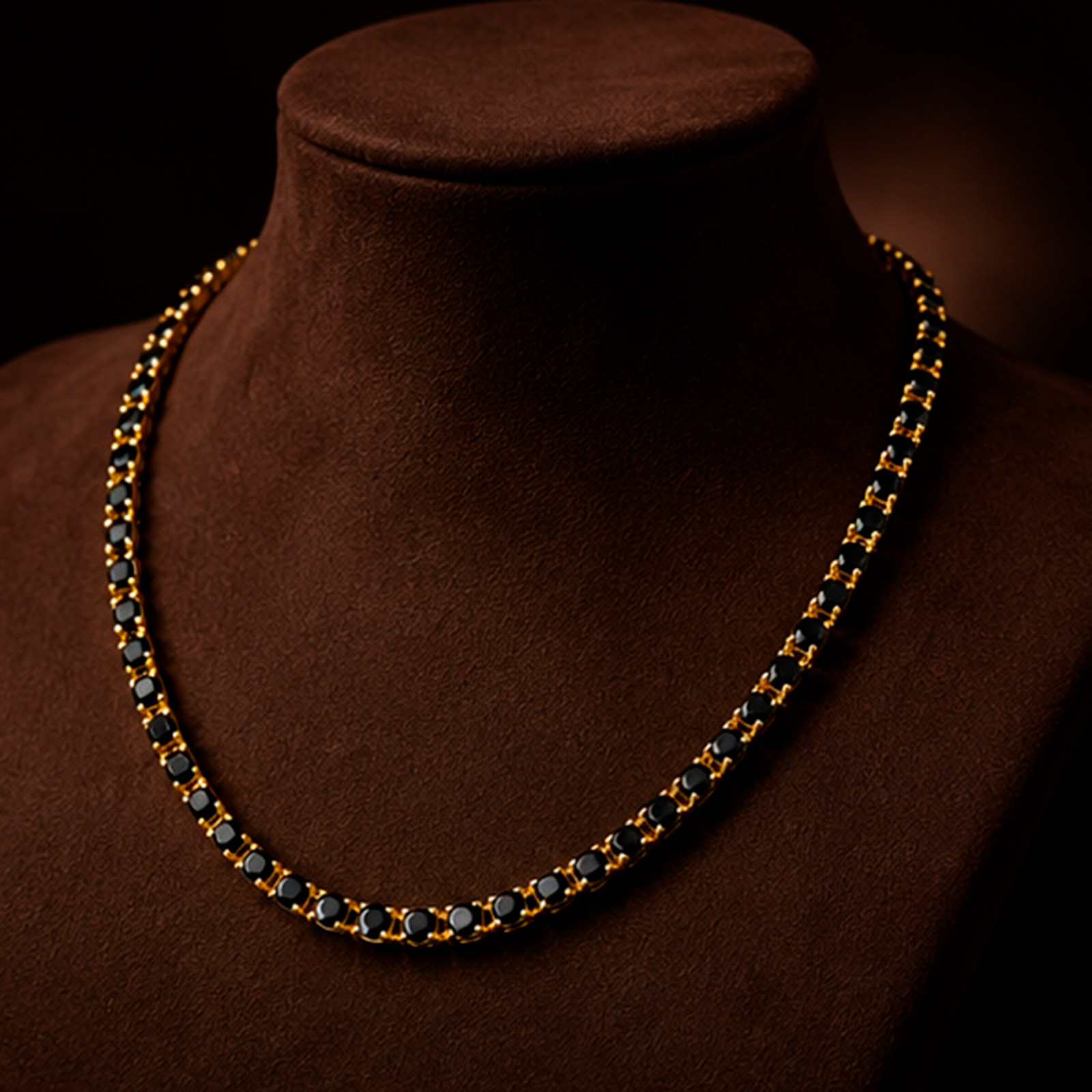 18K Yellow Gold Plated Black Diamond Tennis Necklace Unisex 17″ in
