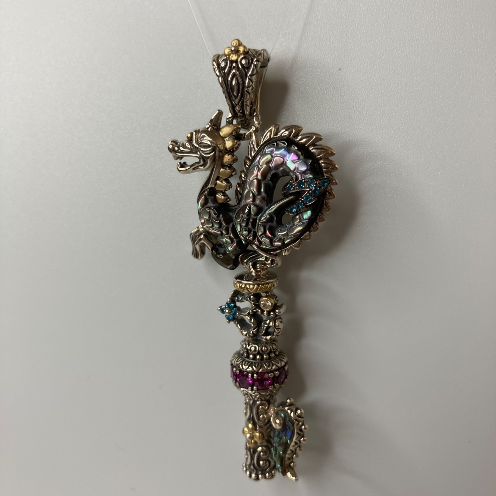 Barbara Bixby Dragon Key Enhancer Pendant Gemstones 18k Gold Sterling 925 in Box