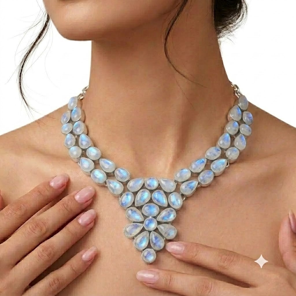 Natural Moonstone Gemstone 925 Sterling Silver Jewelry Necklace Size-17-18″