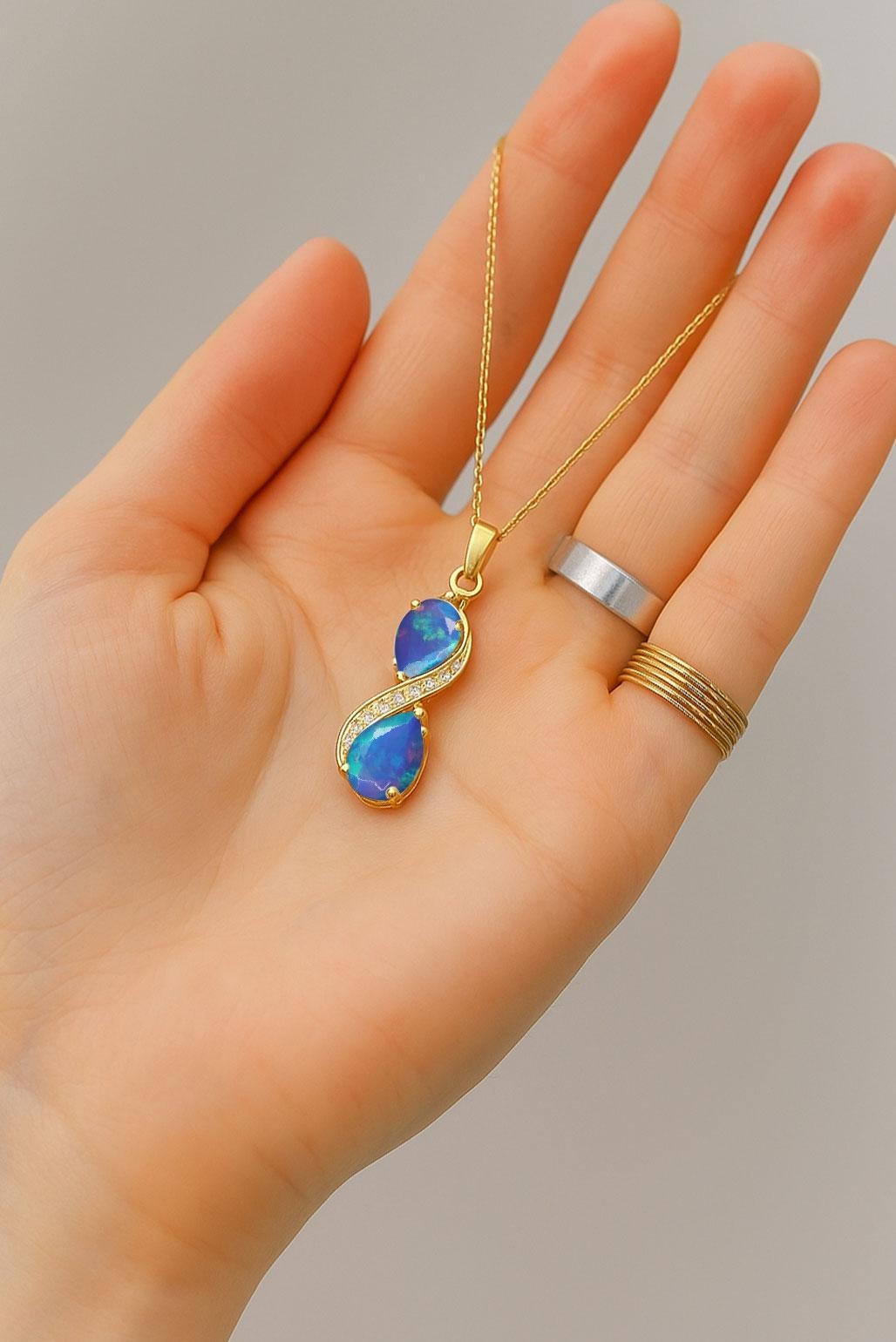 Fire Blue Opal Dual Pear Gemstone Charm Gold Pendant, Genuine Opal Chain Pendant