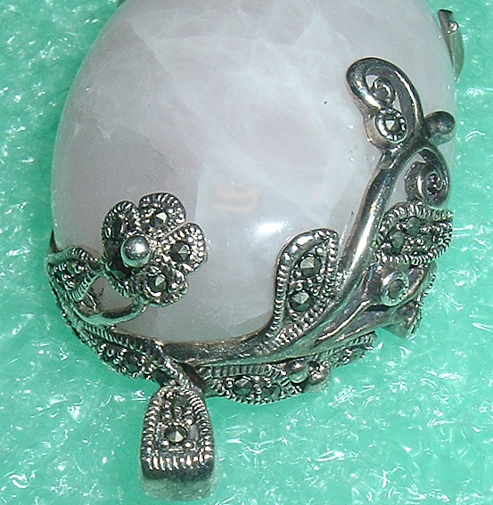 LARGE Vintage Rose QUARTZ & STERLING n MARCASITE Flowers PENDANT DROP *Fine