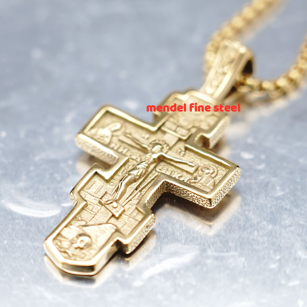 MENDEL Mens Gold Russian Orthodox Jesus Crucifix Cross Pendant Necklace For Men