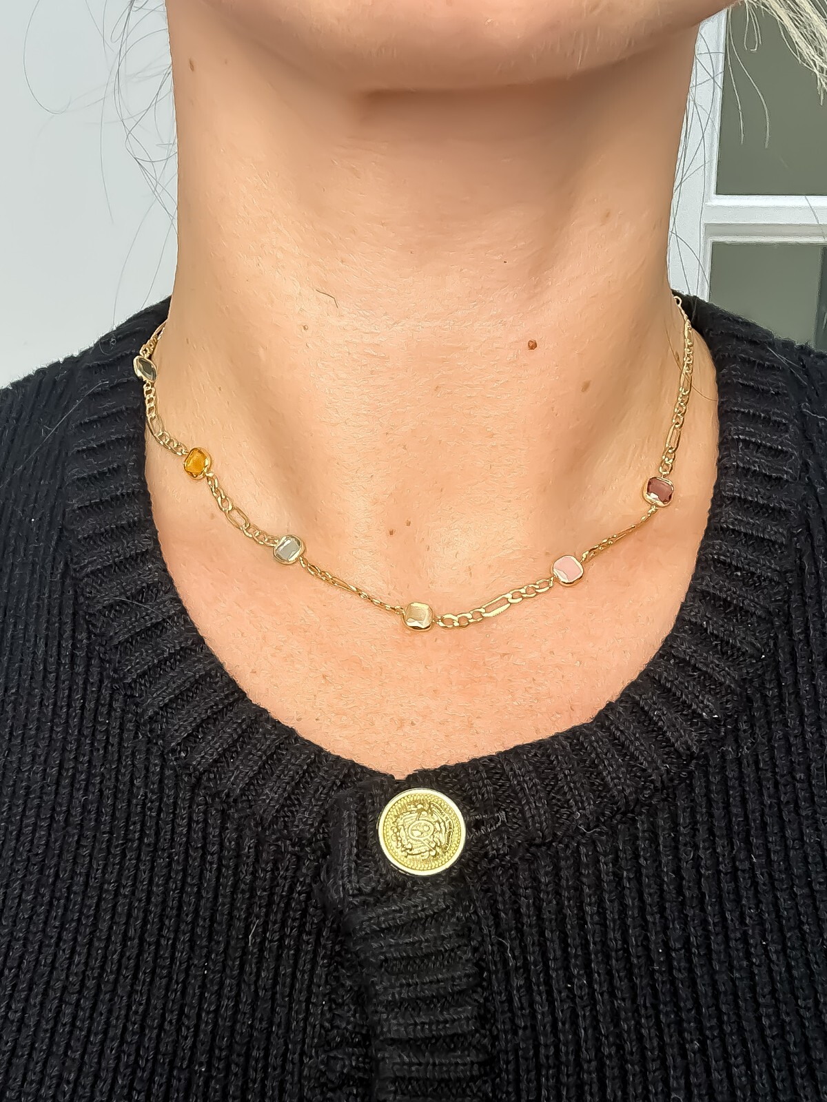 14k Solid Gold Colorful Stones on Figaro Chain 16″ 3mm, Yellow Gold, Multi Color