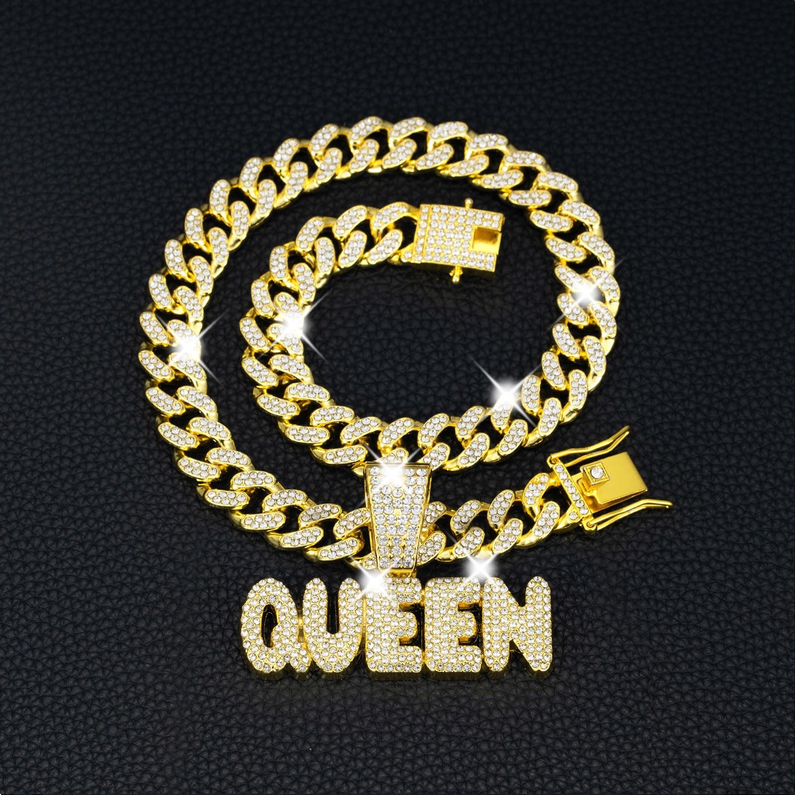 Queen Hip-hop Cuban Chain, Rhinestone Pendant Necklace Jewelry For Women，Women’s