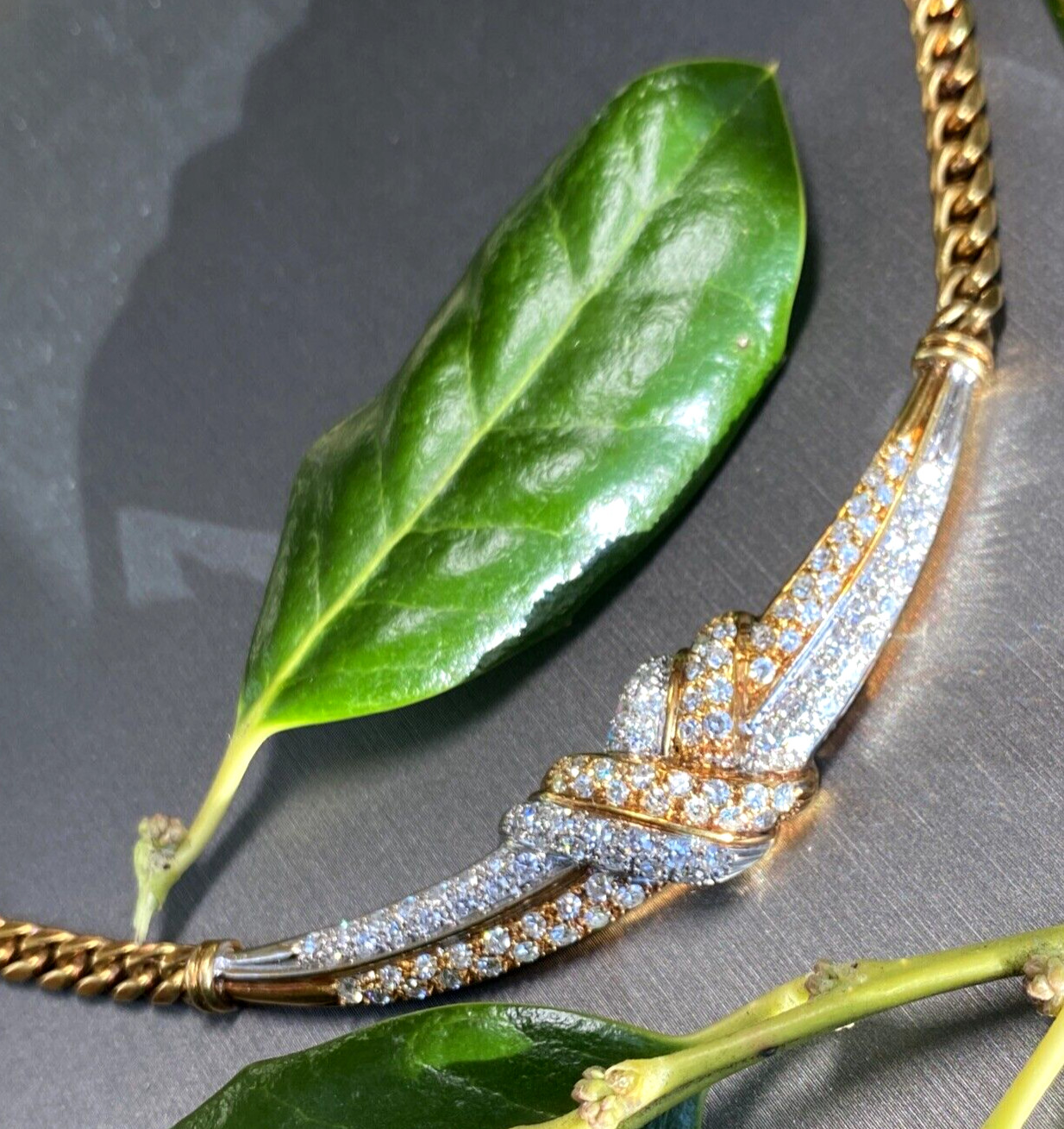 18K Yellow White Gold Diamond Love Knot X Crescent Vintage Cuban Chain Necklace