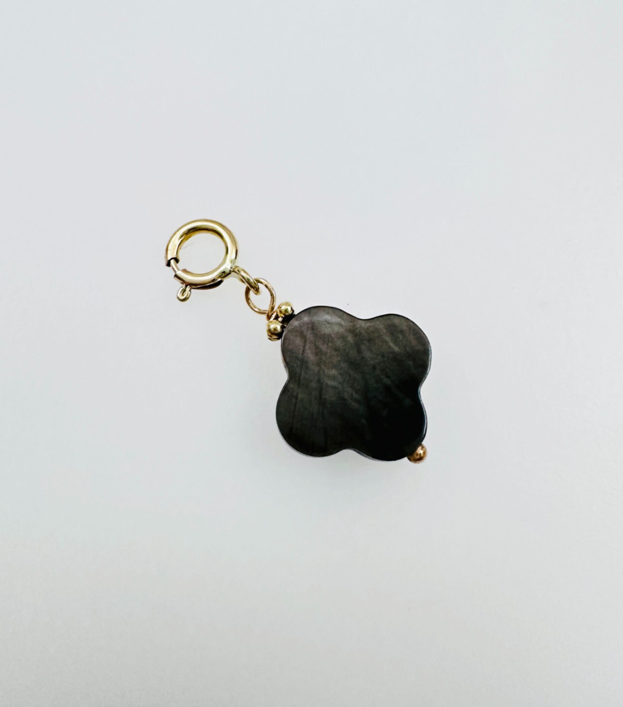 14K Solid Yellow Gold Black MOP Clover Flower Small Charm Pendant w/Spring Clasp