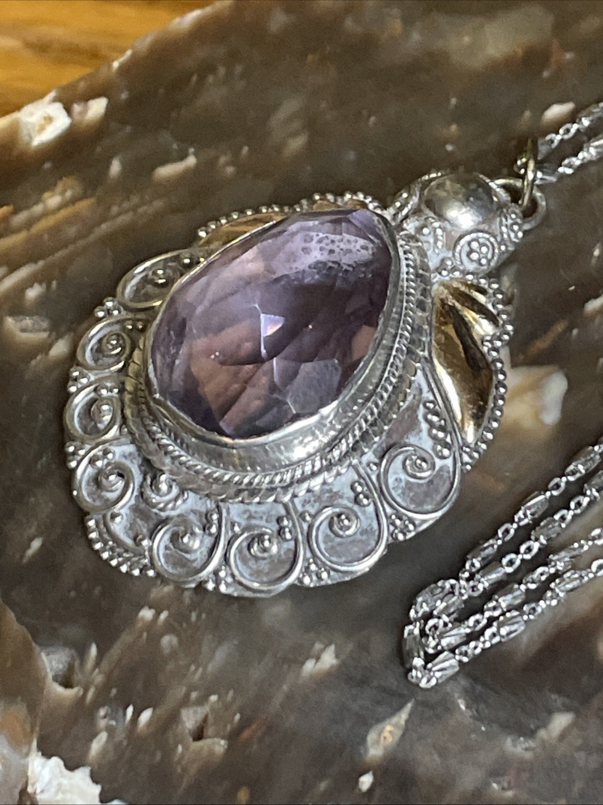 Faceted Amethyst And Sterling Silver Gold Accents Boho 23.5” Pendant Necklace
