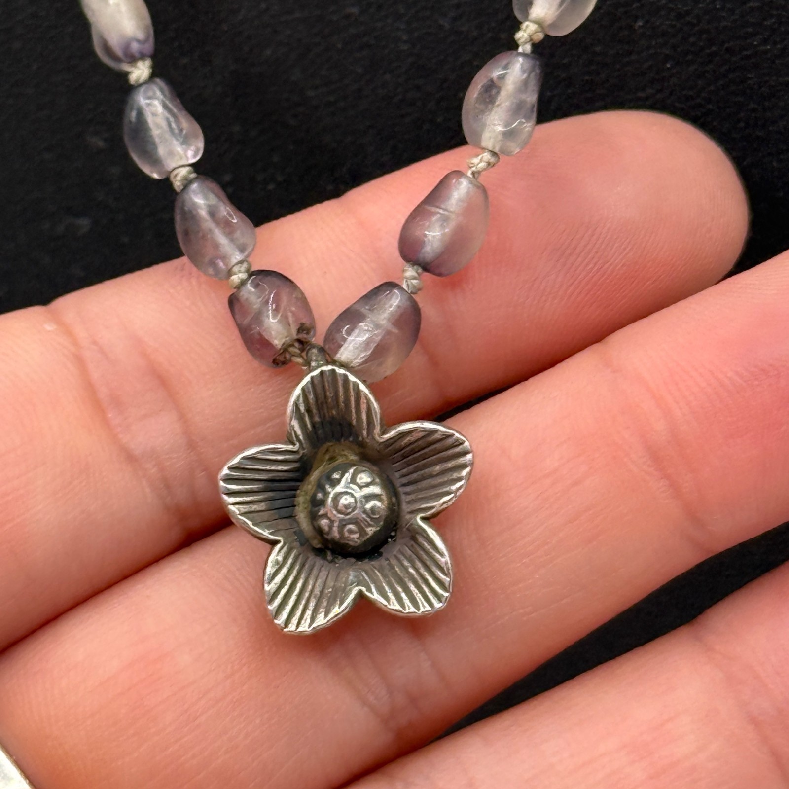 Vintage Grey Smokey Beaded Necklace 925 Sterling Silver Flower Pendant Boho Goth