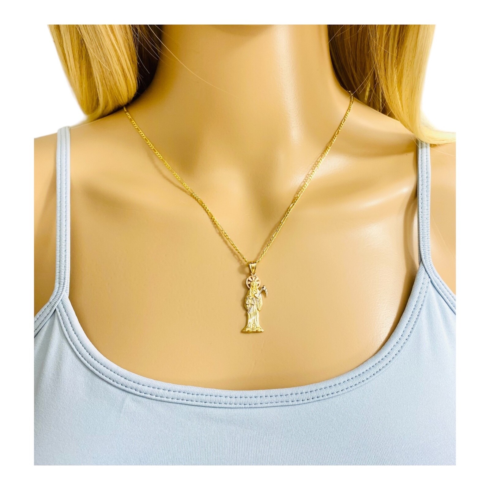 14K SOLID GOLD GRIM REAPER 20″ NECKLACE, 14K SOLID GOLD 34mm SANTA MUERTE – PT97
