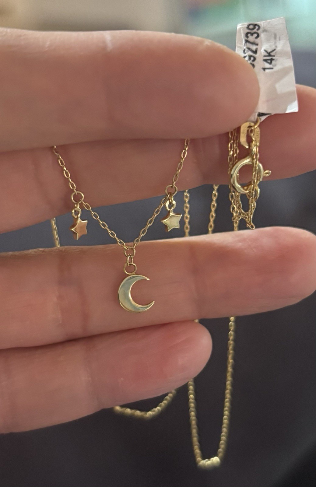 New 14k Y Gold Moon Stars Trio Dangly Charm Necklace Celestial Cosmic $464 $615