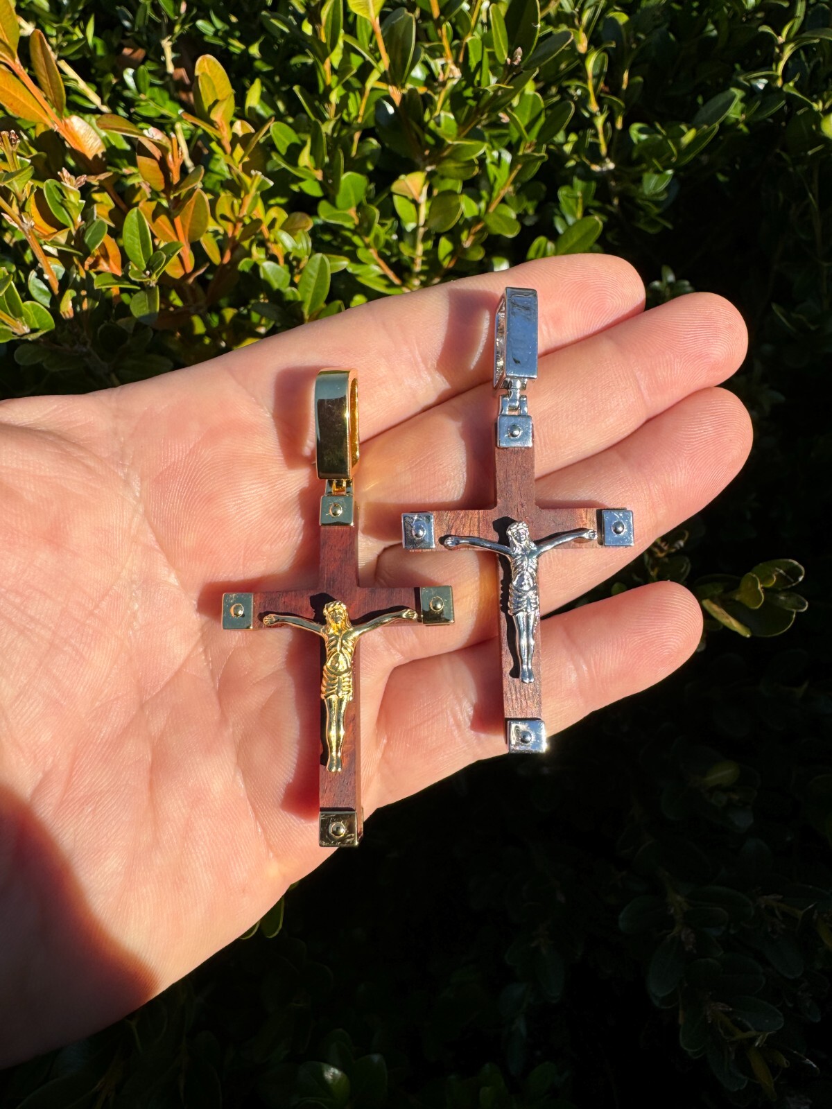Plain Real 925 Silver & Natural Wood Jesus Cross Pendant Necklace ITALY Handmade