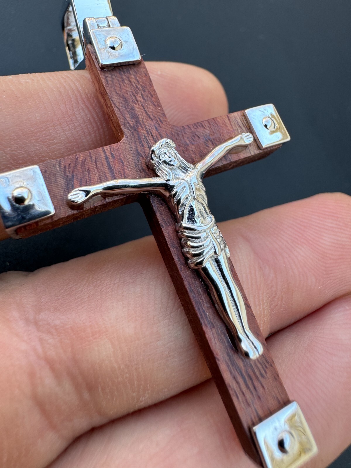 Plain Real 925 Silver & Natural Wood Jesus Cross Pendant Necklace ITALY Handmade