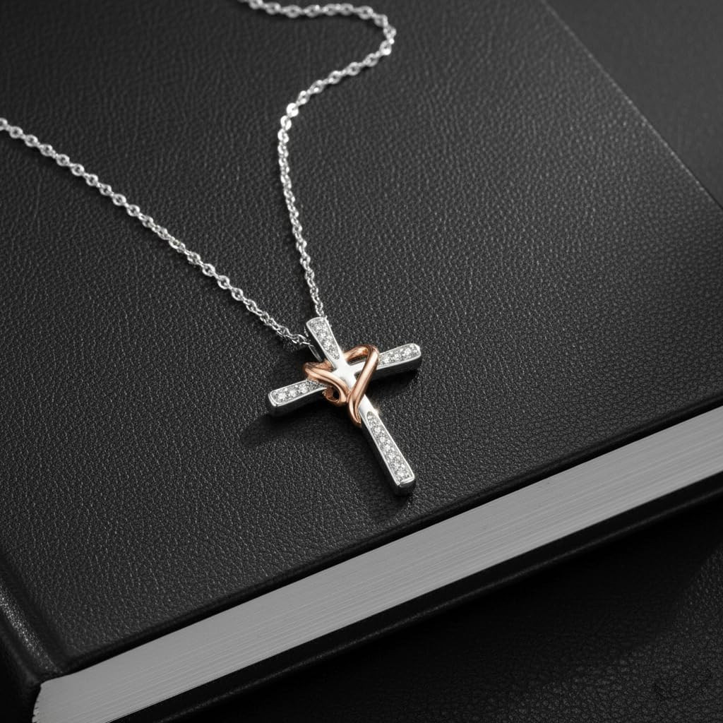 Cross Heart Necklace Pendant in Yellow Gold or Rose Gold over Sterling Silver wi