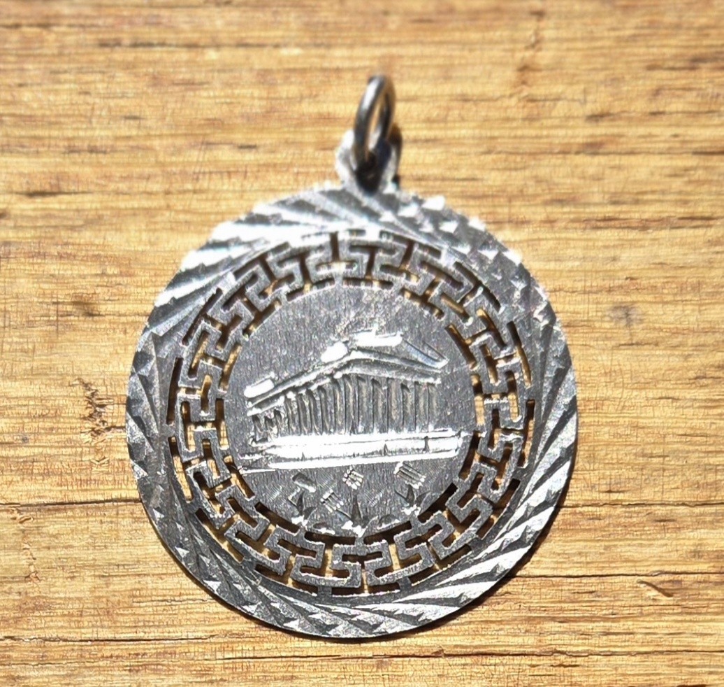 Parthenon Greece Vintage Silver 835 Coin Charm Pendant Seventies