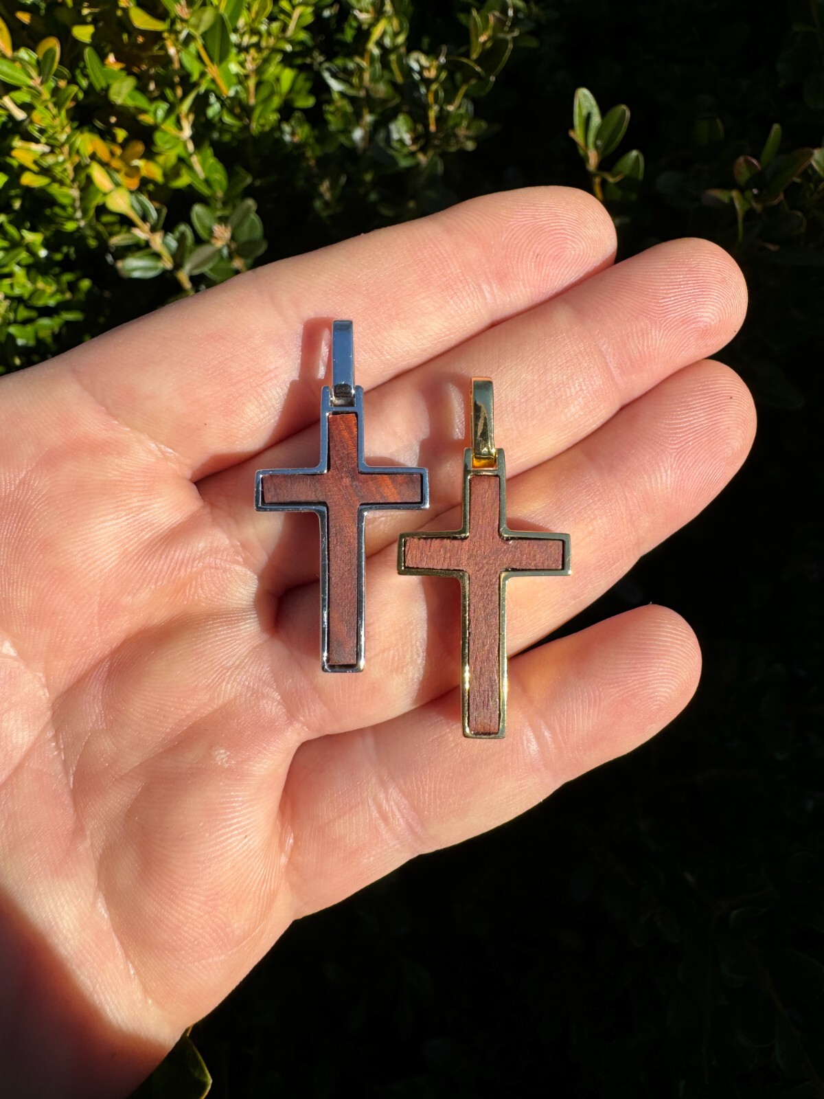 Real 925 Silver & Wood Inlay Plain Religious Cross Pendant Necklace Handmade