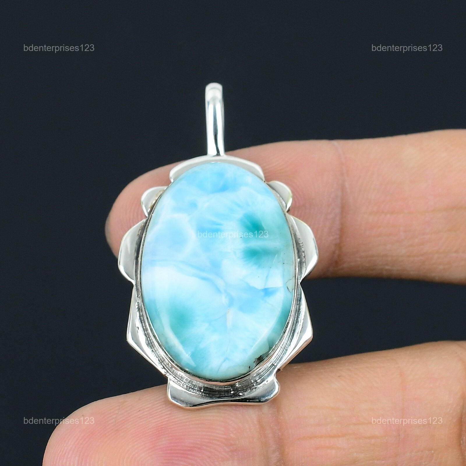 925 Sterling Silver Oval Larimar Gemstone Engagement Anniversary Pendant Jewelry