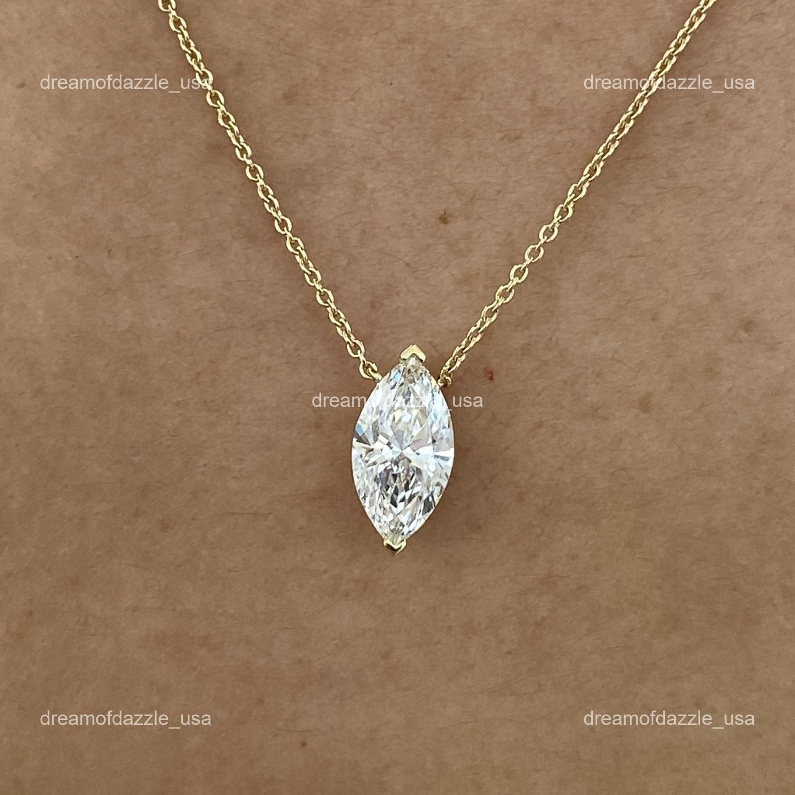 14K Solid Yellow Gold Marquise Lab Grown Diamond Birthday Chain Necklace Jewelry