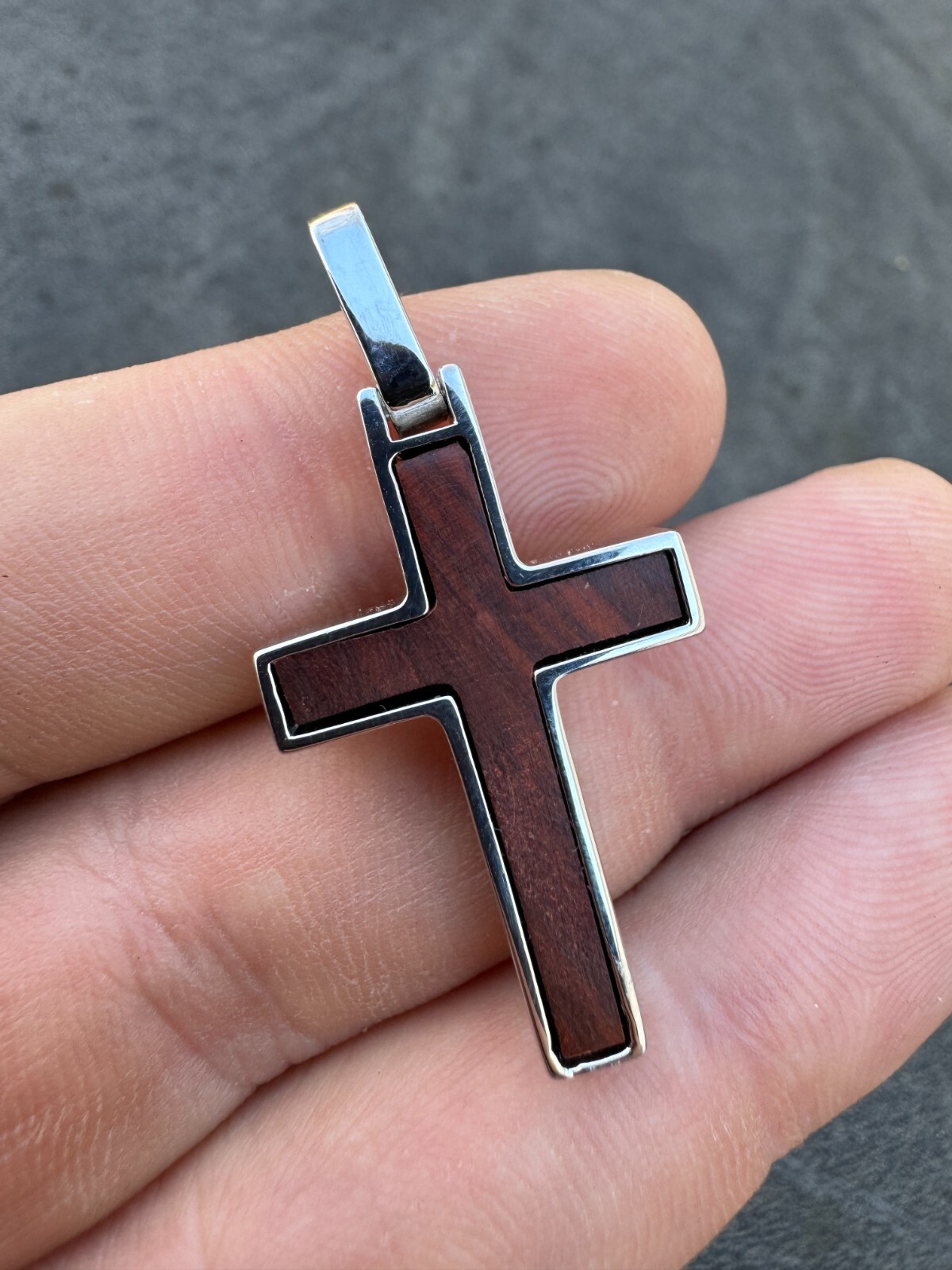 Real 925 Silver & Wood Inlay Plain Religious Cross Pendant Necklace Handmade