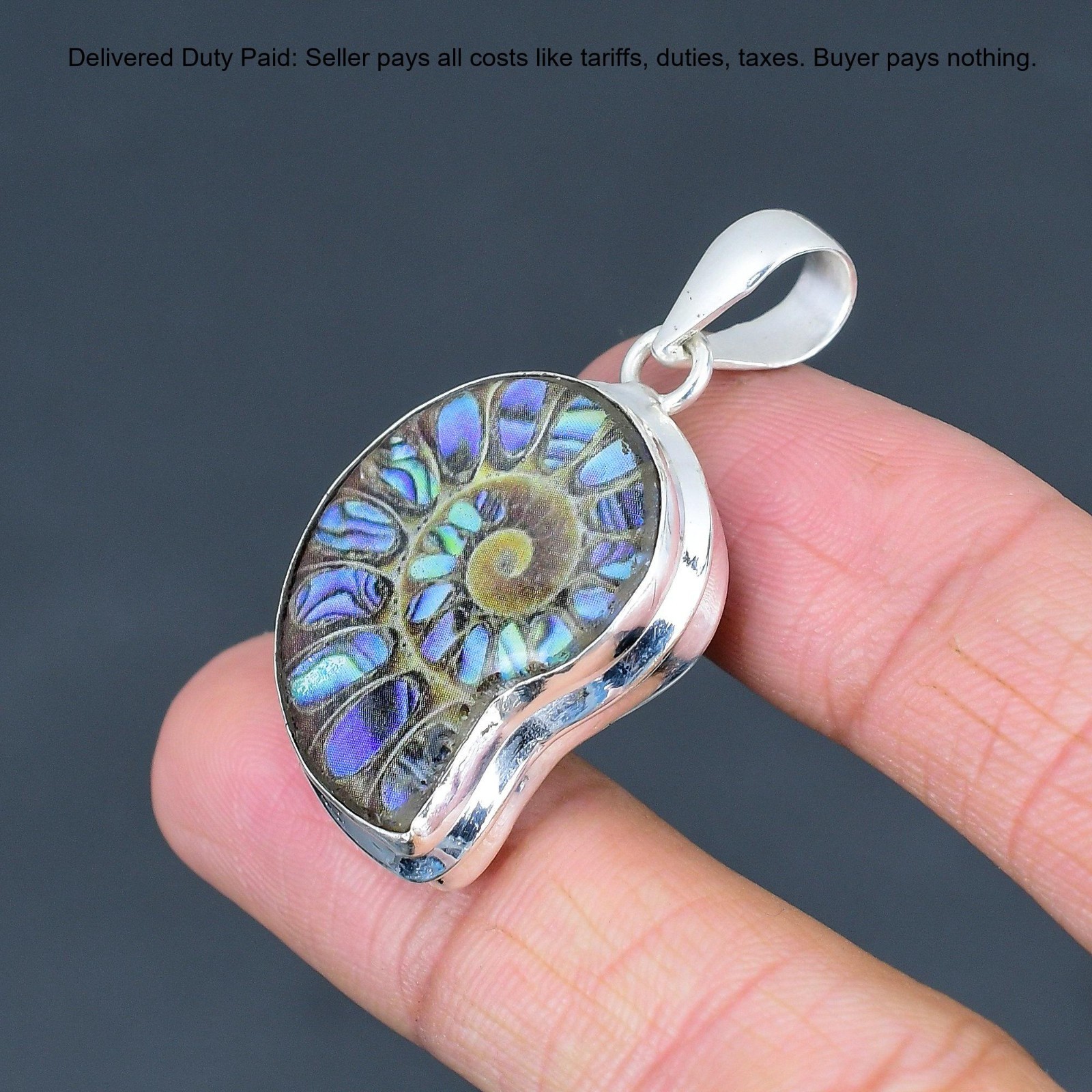 Natural Abalone Shell In Ammonite Doublet Opal Sterling Silver Pendant Jewelry