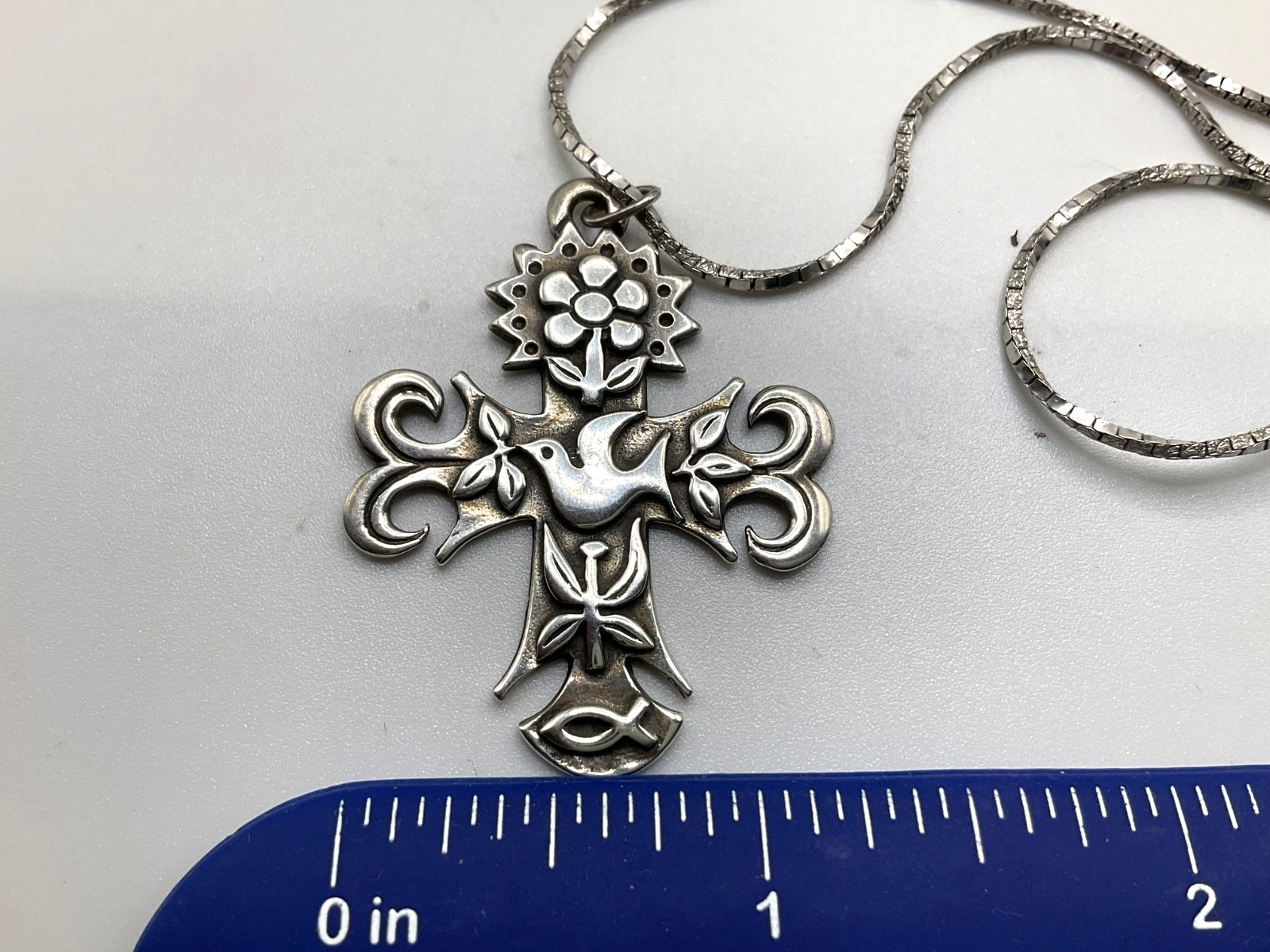 Sterling vintage Primavera peace Hope dove Sunshine Fish cross pendant necklace
