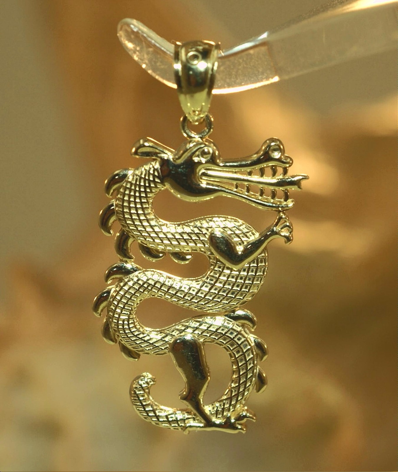 16MM HAWAIIAN SOLID 14K YELLOW GOLD TEXTURED CHINESE ASIAN DRAGON CHARM PENDANT