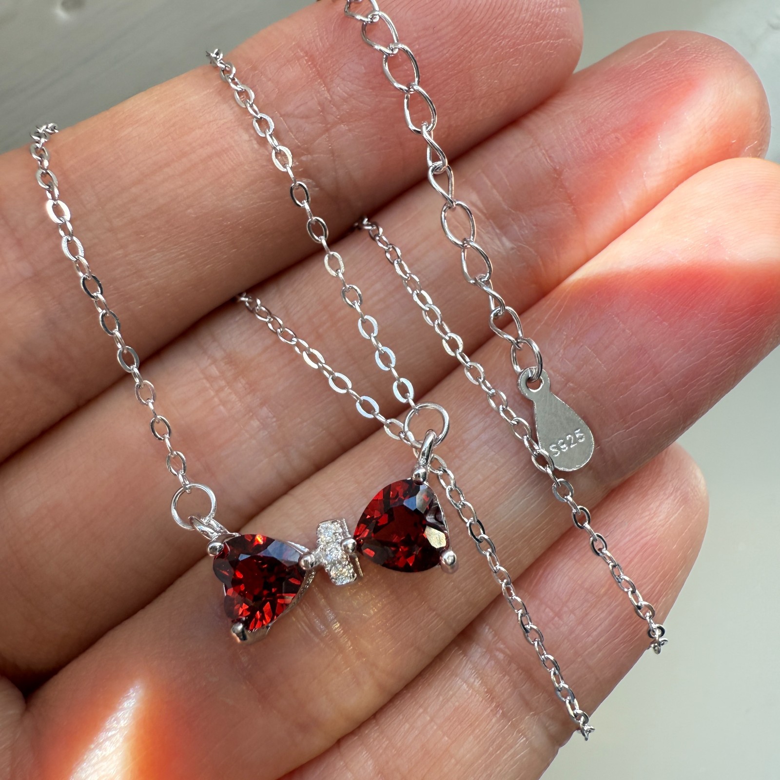 925 Sterling Silver Necklace 5mm Heart Natural Garnet Gemstone Zircon Chain Bow