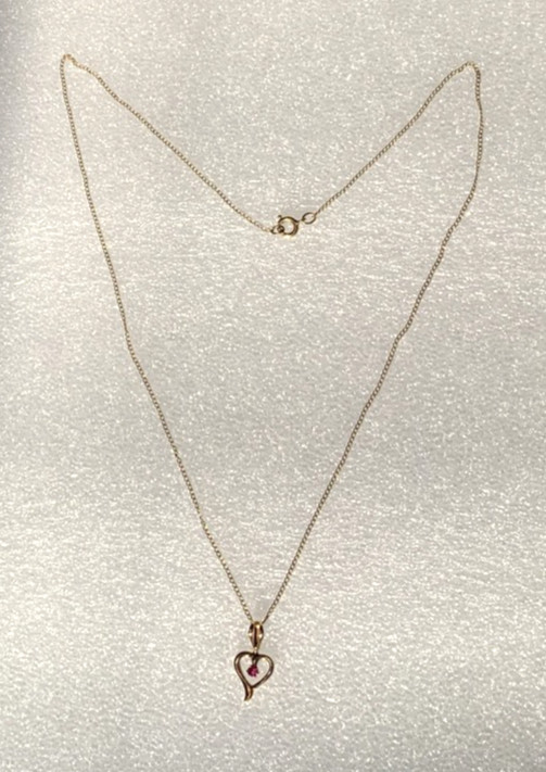 Vtg 14K GF Heart with Ruby 18″ Chain in Original Jewelers Box 1970s