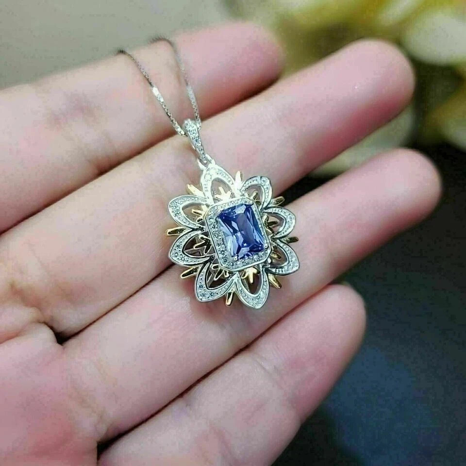 Flower 3Ct Emerald Cut Blue Tanzanite Pendant 14K White Gold Finish With Chain