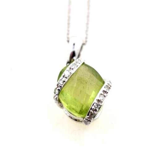 14K White Gold Chain W/ Peridot & Diamond Pendant EXCELLENT