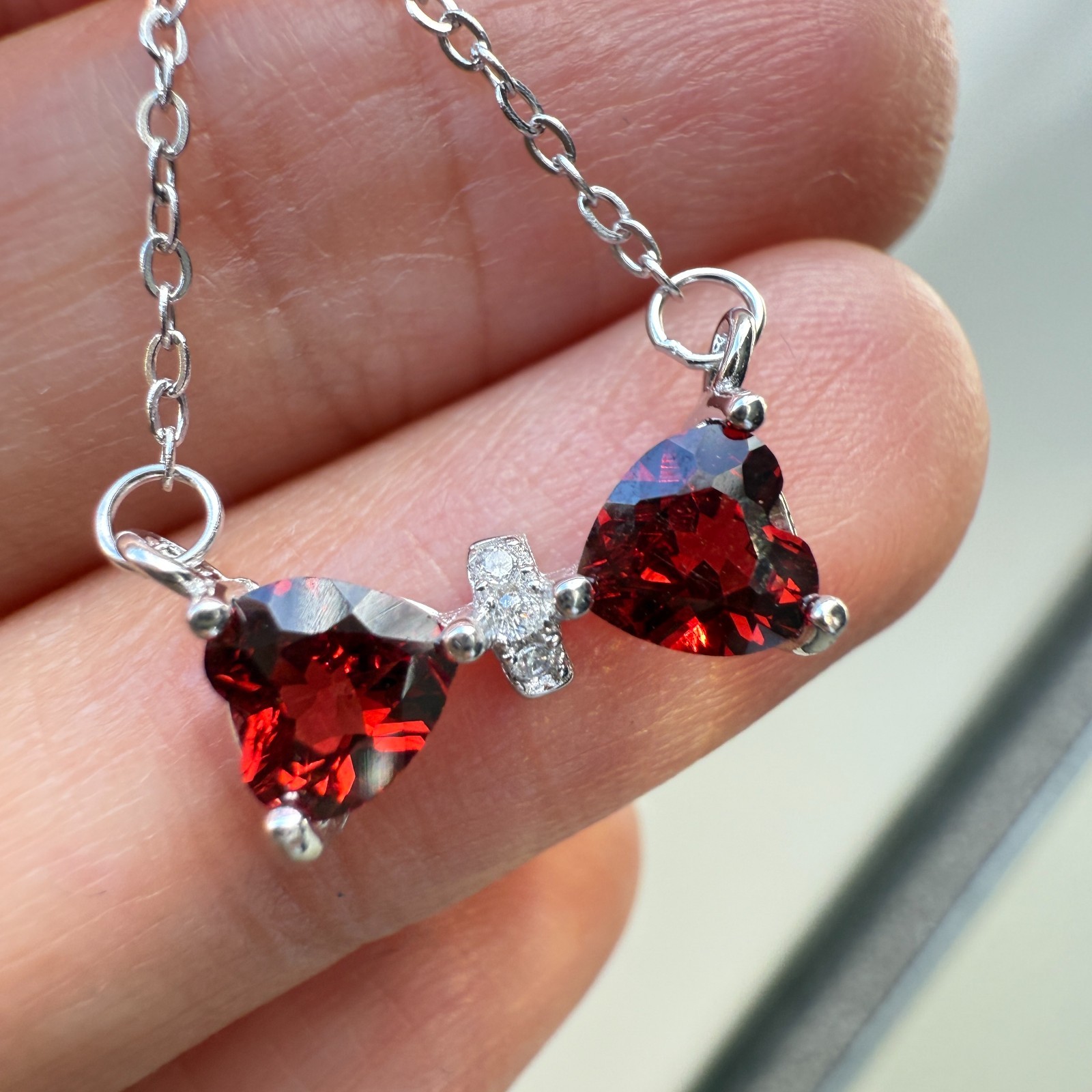 925 Sterling Silver Necklace 5mm Heart Natural Garnet Gemstone Zircon Chain Bow