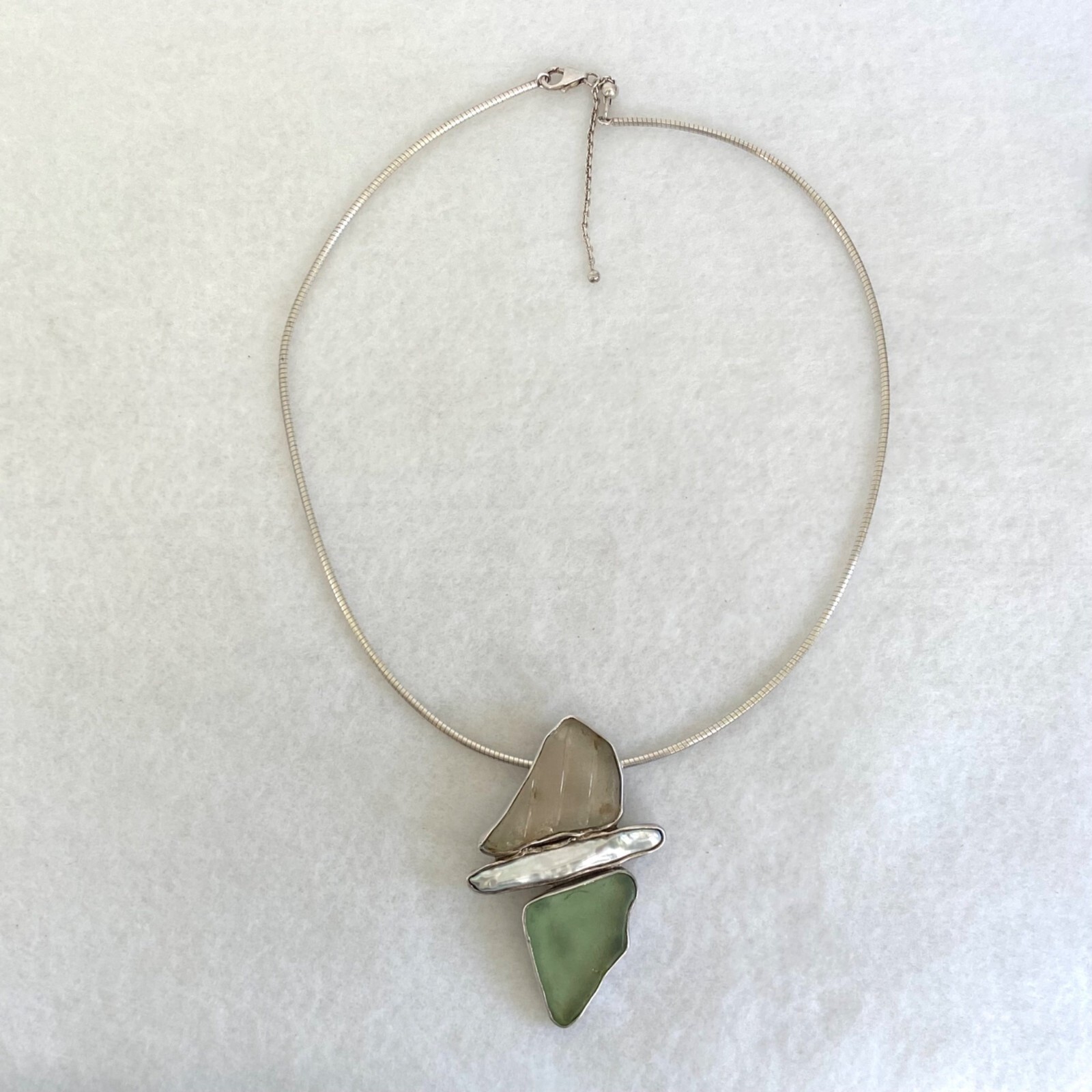 Sterling Silver 925 Beach Glass & Biwa Pearl Pendant Necklace 16″-18″ Chain