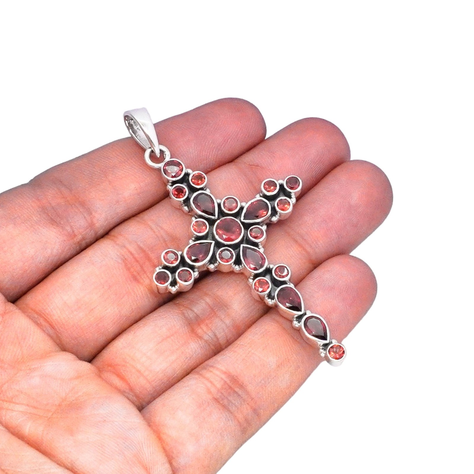 Natural Garnet Cross Pendant Sterling Silver 925 Christian Jewelry Gift