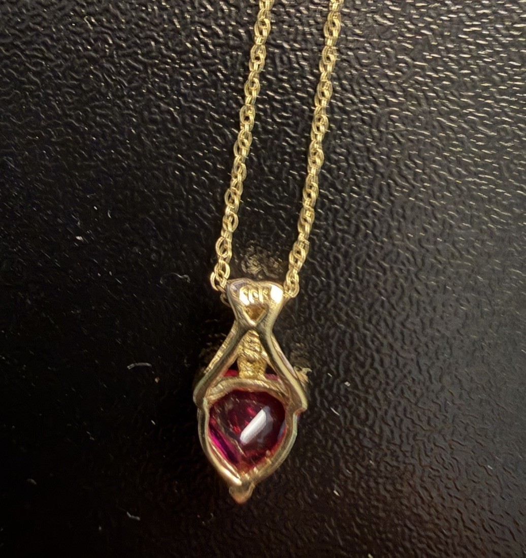 10k Gold Red Crystal Heart Pendant 9.5” Dainty Chain Necklace