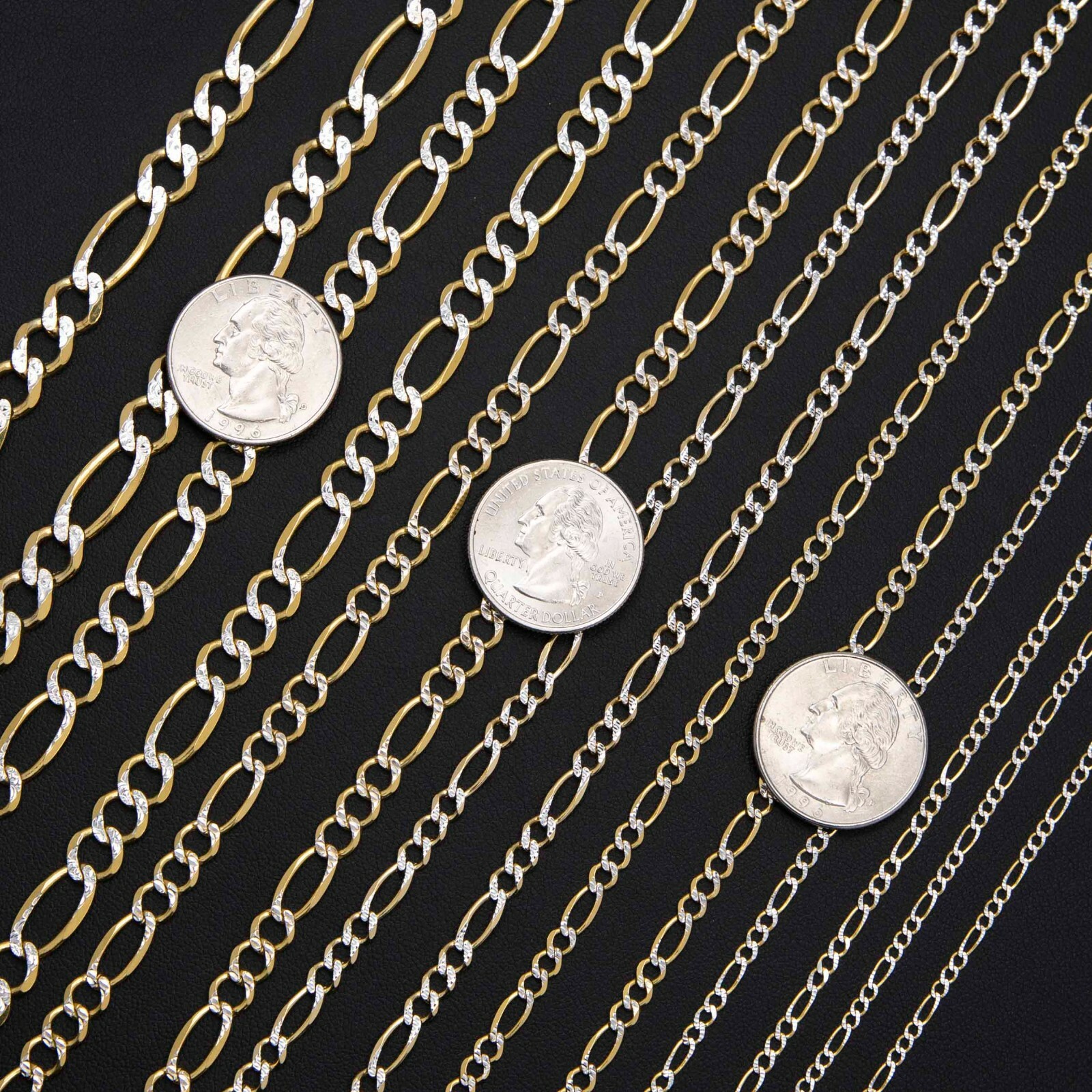 Solid 10k Figaro Pave Two Tone Chain Necklace 10K Yellow White Gold All Sizes