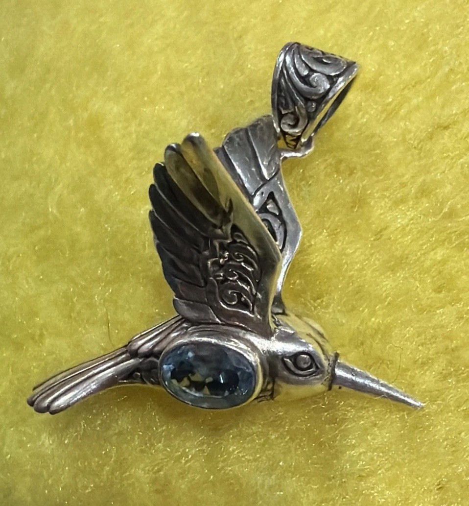 ATI Sterling Silver 925 Blue Topaz Hummingbird In Flight Pendant Italy