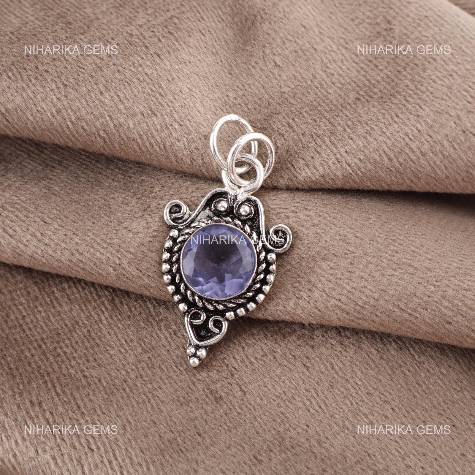 925 Silver Round Iolite Gemstone Anniversary Birthday Wedding Engagement Pendant