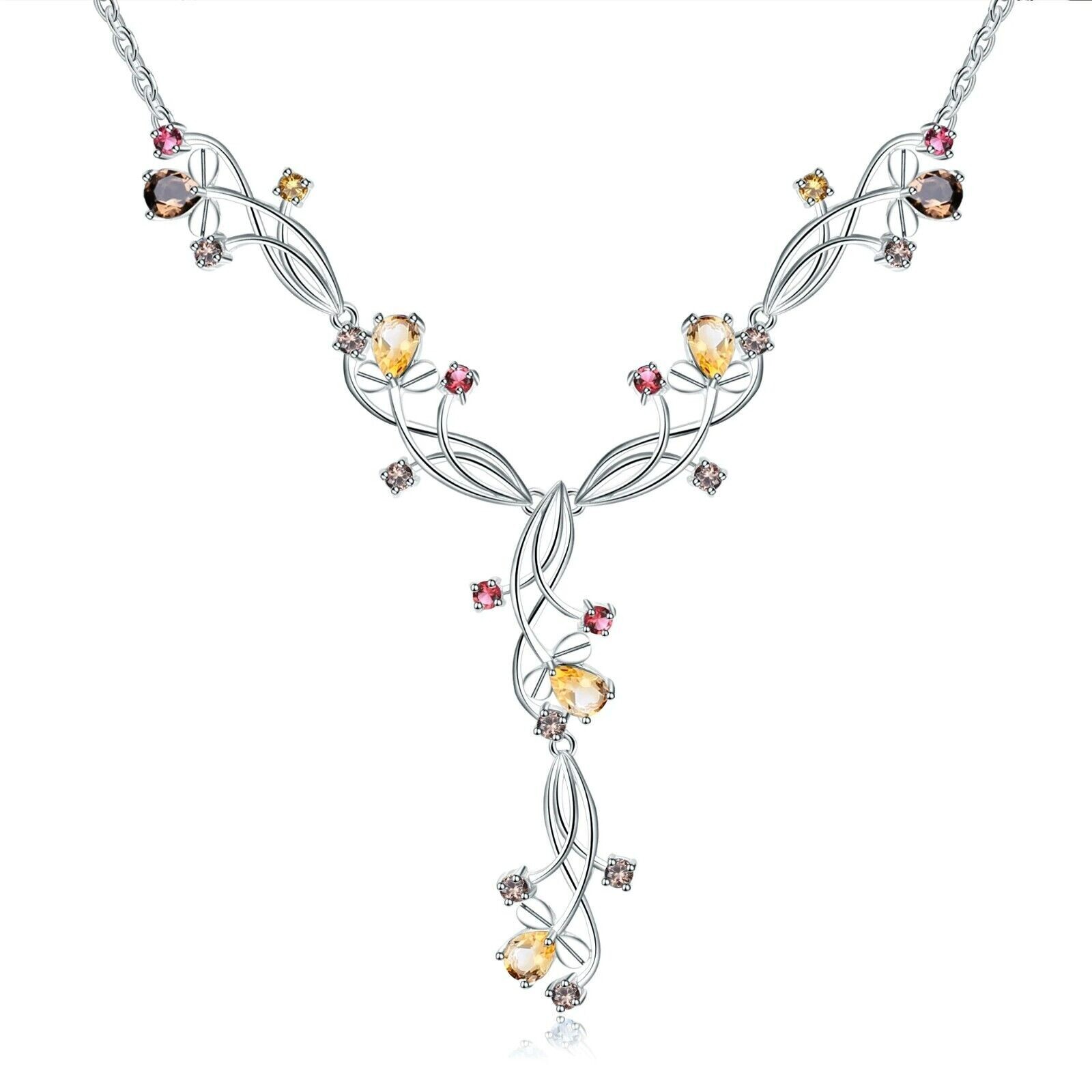 Natural Garnet Citrine 925 Silver Handmade Vintage Bridal Wedding Necklace