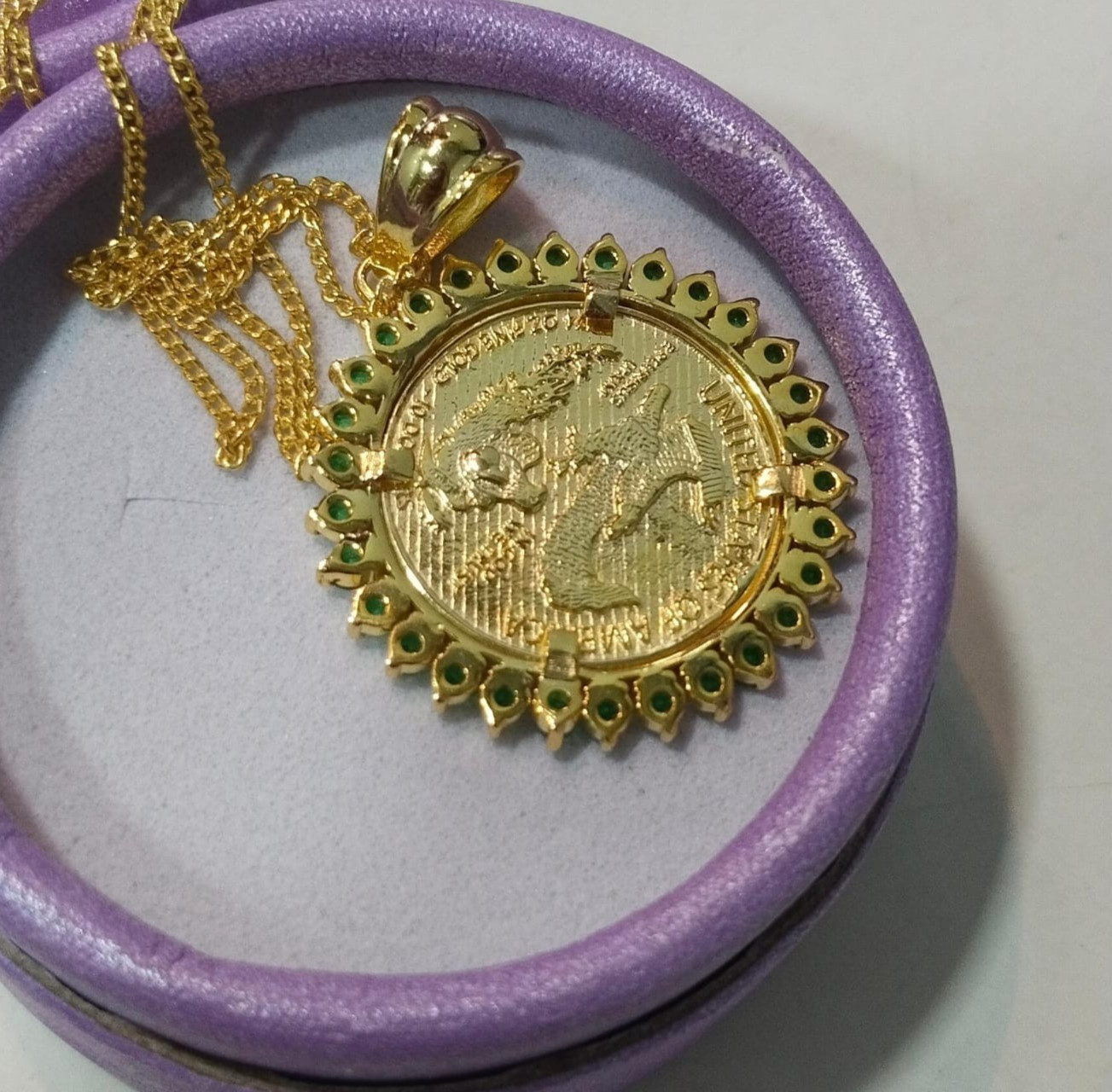 Liberty Coin Pendant 14K Yellow Gold Plated 2Ct Round Cut Lab Created Emerald