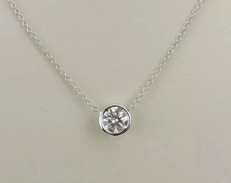 1.50 Ct Round Cut Moissanite Bezel Set Solitaire Pendant 14K White Gold Plated
