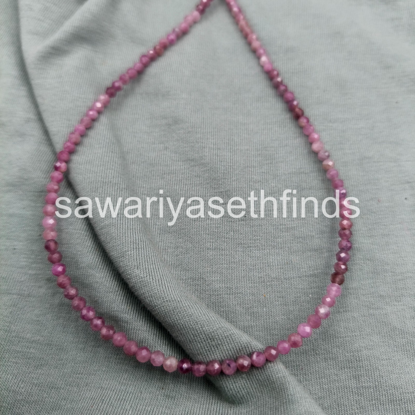 Pink Tourmaline Faceted Beaded Necklace, 3mm Round Beads, Sterling Silver Clasp